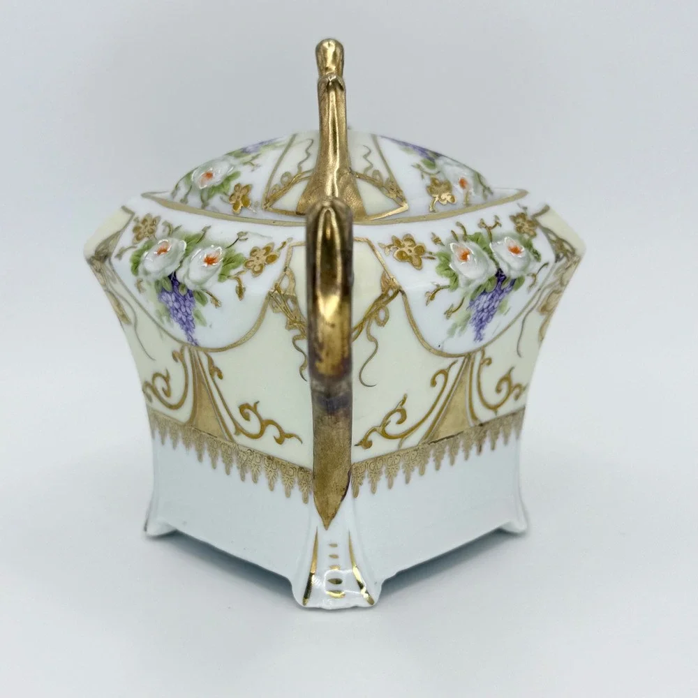 Vintage Silesia Porcelain Sugar Bowl with Lid Gold Gilt Floral Design‎ Coquette